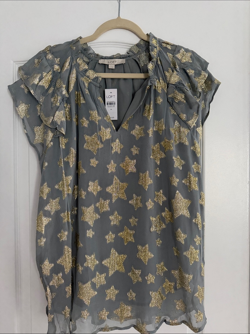 LOFT Gray Blouse with Gold Star Glitter